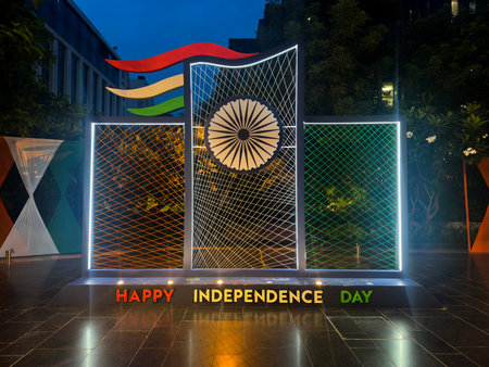 Vibrant Happy Independence Day backdrop of India, featuring the Indian Tricolor, Ashoka Chakra, festive lights. Patriotic events podium, selfie point, 15 August celebrations stage,の写真素材