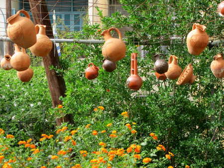 Nicosia, Cyprus - Jun 7, 2014: Clay pots garden decorationのeditorial素材