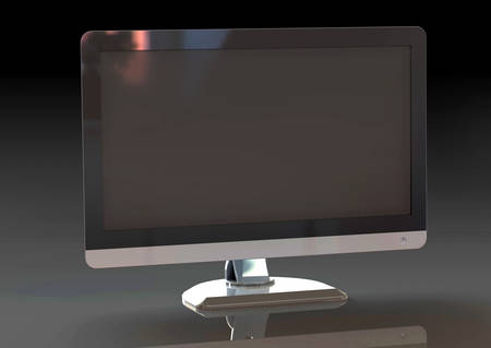 rendering of computer monitor on grey and black backgroundの写真素材