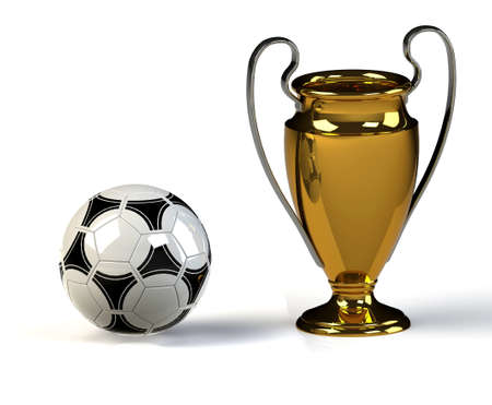 soccer ball and trophy isolated on white backgroundの写真素材