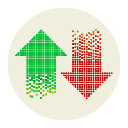 colored mosaic arrows composed from dots and pixel blocks, vector illustration - you can change the background color and the color of pixelsのイラスト素材