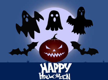 Halloween Party Background with Pumpkins, Bats and Ghost silhouetteのイラスト素材