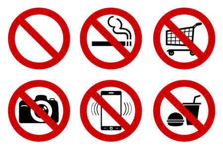 set of No signs for different prohibited activities. No smoking, no drinking, no photographing, and other. Vector illustration - you can simply change color and sizeのイラスト素材