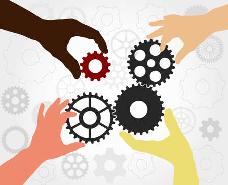 Teamwork. Hand silhouettes completing a gears chain. Finding the solution as a teamwork - vector illustration fully editable, you can change form and colorのイラスト素材