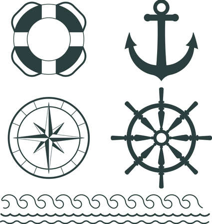 Nautical decoration vector illustration set. Anchor - lifebuoy - ship wheel - compass - silhouettesのイラスト素材