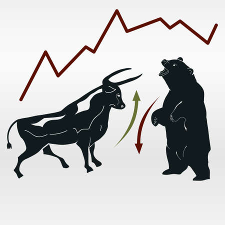 Bull and bear, market report, symbolic beasts of market trend with red and green arrows - vectorのイラスト素材