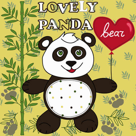 Cute Panda with heart. Little Panda Bear child drawing by hand on a floral background - vector illustrationのイラスト素材