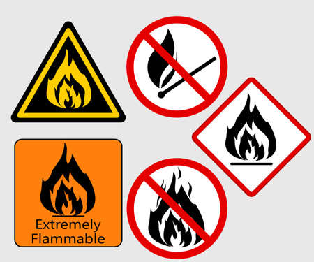 Extremely Flammable, Burning Fire sing, Bonfire Flame,  prohibited, warning vector symbol setのイラスト素材