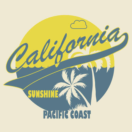 California apparel t-shirt fashion design, Palm trees on the Beach. Typographic art Silhouette. Creative design. Vector template conceptのイラスト素材