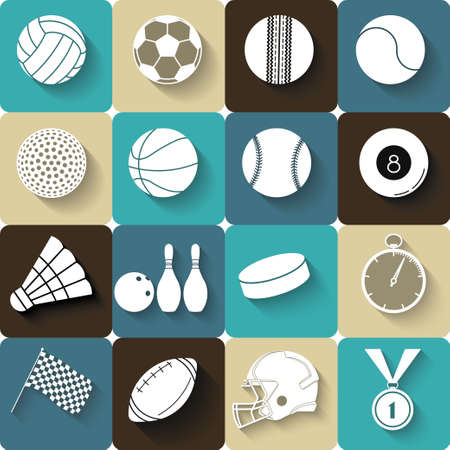 Sport icons with long shadow flat design. Sport balls, equipment, medal, stopwatch -  vector illustrationのイラスト素材