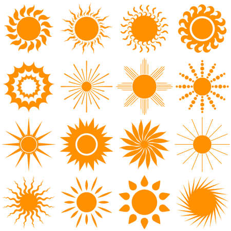 sun icon collection, elements for design, orange rays straight and twisted isolated on white background. vector illustrationのイラスト素材