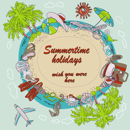 Summertime round frame. Summer vacation holiday hand drawing icons - vector illustrationのイラスト素材