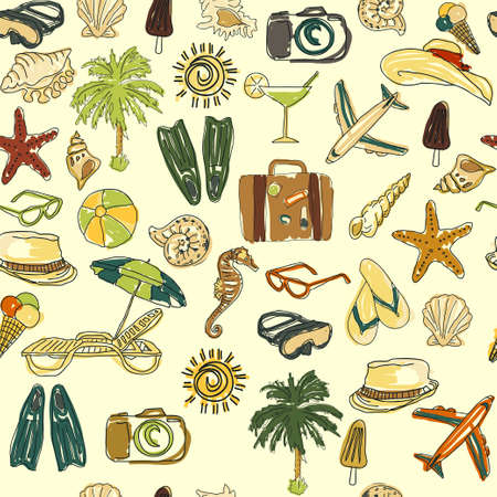 Summer vacation holiday hand drawing icons seamless background - vector illustrationのイラスト素材