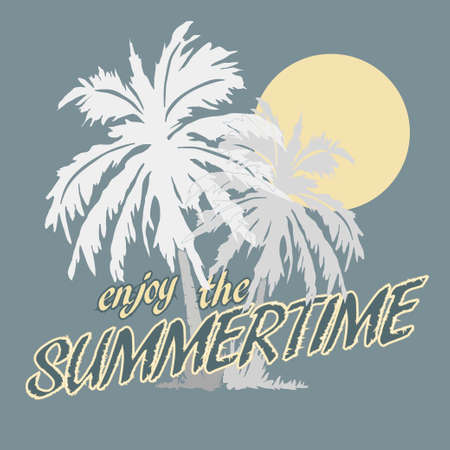 Palm trees and Sun on the Beach, Typography Graphics. Summertime fun, Paradise, Silhouette. Creative T-shirt Design, vector illustrationのイラスト素材