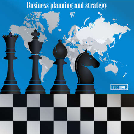 Business planning and strategy. The chess pieces on the world map. Management and achievements. Smart solutions. Generating ideas - vector illustrationのイラスト素材