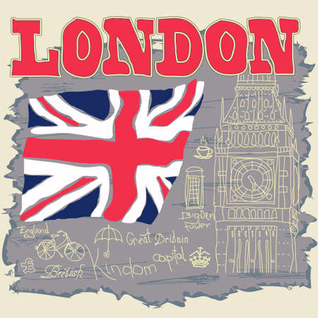 London Typography Graphics, T-shirt design, England, Great Britain, Big Ben, Attraction of the capital of England, vector illustrationのイラスト素材