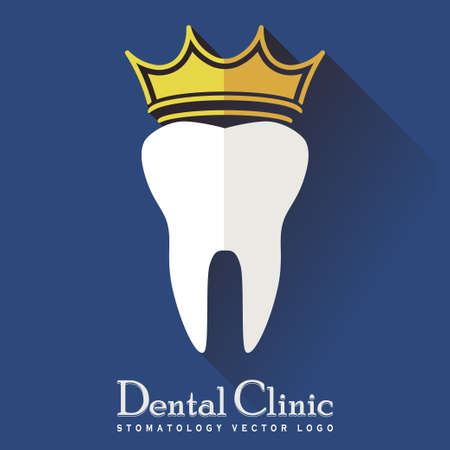 Tooth with a Crown and long shadow on a Blue Background, Stomatology Icon, Dental Treatment Logo, Medical healthcare Symbol,  Modern Flat Design - Vector Illustrationのイラスト素材