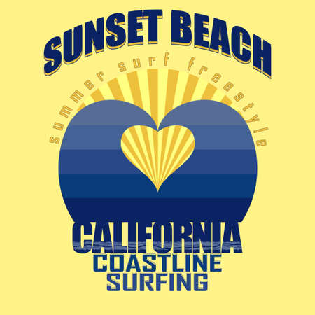 Surfing t-shirt graphic design. Sunset Beach surfing. California surfers wear typography emblem, Palm trees on the Beach. Silhouette. Creative design. Vector template conceptのイラスト素材