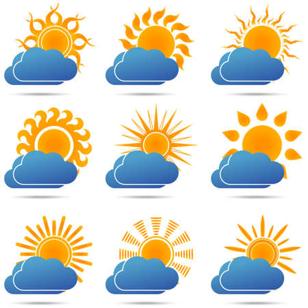 Sun and cloud icons set, sunset, cloudy, sunrise, weather sign - vector illustrationのイラスト素材