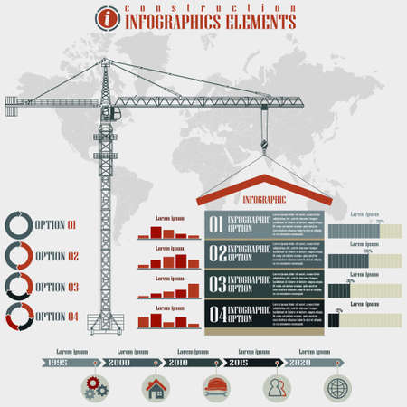 Infographics elements, Construction business, build tower crane on a world map background, vector illustrationのイラスト素材