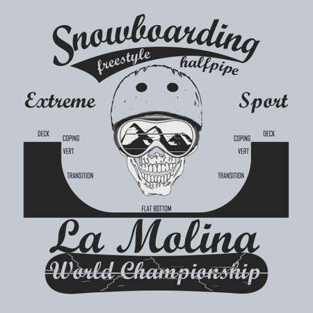 Snowboarding Half-Pipe, T-shirt fashion graphic, winter sport emblem, Typography Print label - vector illustrationのイラスト素材