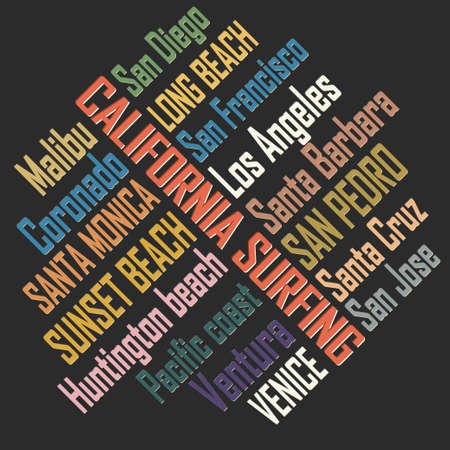 Surfing t-shirt graphic design. California surfers wear typography emblem. Creative design. Vector illustrationのイラスト素材