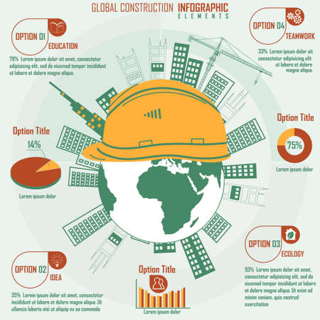 Infographics elements, Construction business, build tower crane, Helmet with globe, vector illustrationのイラスト素材