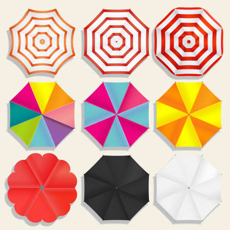 Beach umbrellas top view,  sunshade set, Seasons objects parasol. Vector Illustrationのイラスト素材