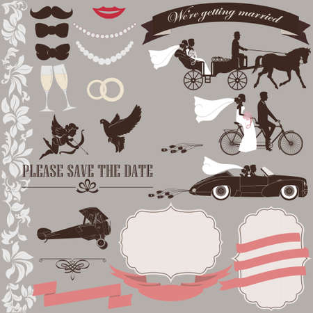 Wedding invitation elements set Vintage design. Tandem bicycle, bride, groom, retro car, airplane, carriage - vectorsのイラスト素材
