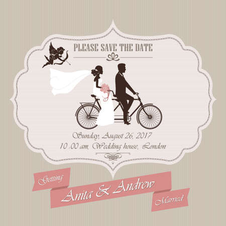 Wedding invitation, the bride and groom on a retro tandem bicycle - vector illustrationのイラスト素材
