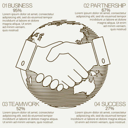 business infographics linear design, handshake contour icon, world partnership, teamwork finance concept - vector illustrationのイラスト素材