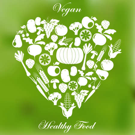 Vegan healthy organic food, vegetarian menu flat design, fruits, vegetables, mushrooms icon set - vectorのイラスト素材