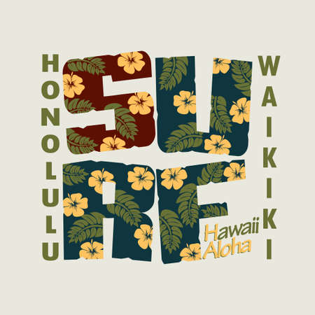 Surfing t-shirt floral graphic design. Waikiki Beach Hawaii Honolulu Surf typography label, summer, ocean, orchids, retro style emblem - vector illustrationのイラスト素材
