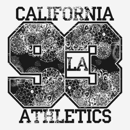 California T-shirt fashion Typography, sport emblem design, Number with floral ornament, graphic Print labelのイラスト素材