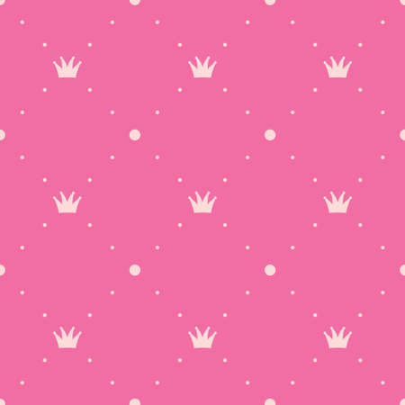 Princess vector pink background, polka dot pattern with crowns. Vintage seamless texture. Geometric shapesのイラスト素材
