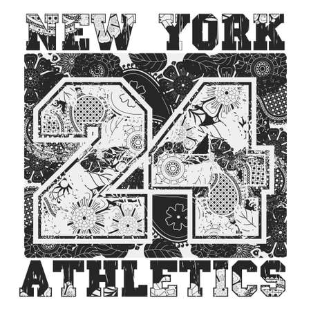 New York T-shirt fashion Typography, Black and white Floral-grunge art design, sport emblem, Number with floral ornament, graphic Print labelのイラスト素材