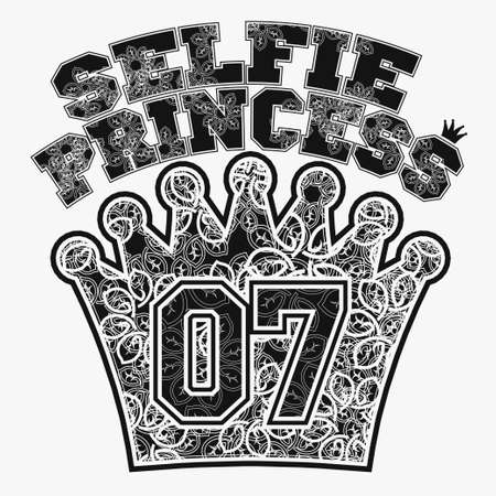 Selfie princess t-shirt, crown with flowers. Black and white Floral-grunge art designのイラスト素材