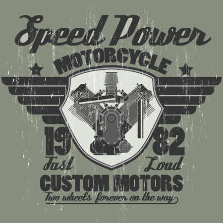 Motorcycle engine, engineering gear technology, motor shop print logo, riders team emblem graphic design. Vectorのイラスト素材