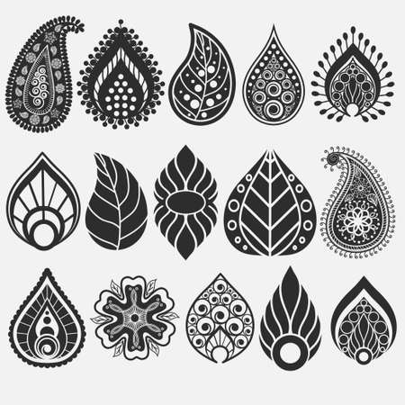 Paisley pattern, Oriental leaf, floral elements set. Henna design. Doodles Abstract Vectorのイラスト素材