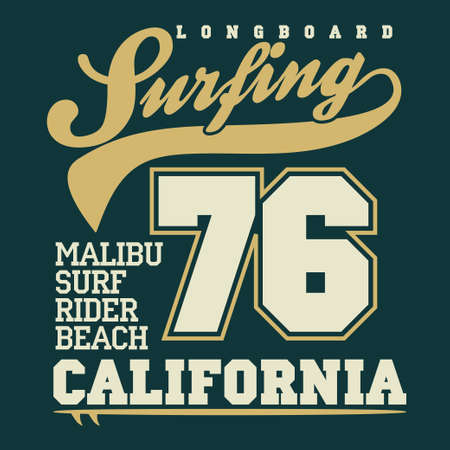 Surfing t-shirt graphic design. Malibu Beach surf. California surfers wear typography emblem. Creative design. Vectorのイラスト素材