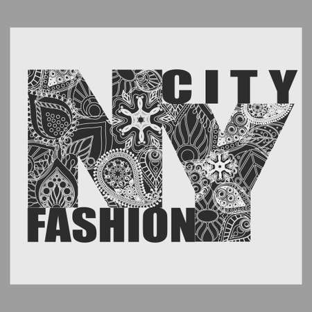 New York T-shirt fashion Typography, Black and white Floral-grunge art design, letters with floral ornament, graphic Print labelのイラスト素材