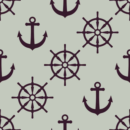 Nautical decoration texture. Anchor and ship wheel silhouettesのイラスト素材