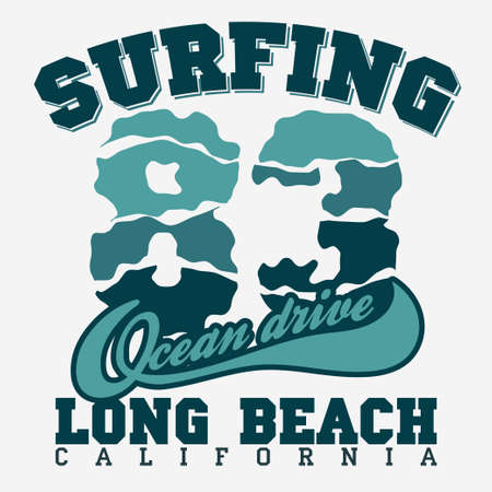 Surfing t-shirt graphic design. Long Beach surfing. California surfers wear typography emblem. Creative design. Vectorのイラスト素材