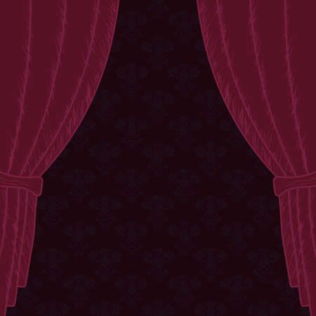 Red Curtain drawn by hand with space. Theater stage, retro beauty shop poster. Vectorのイラスト素材