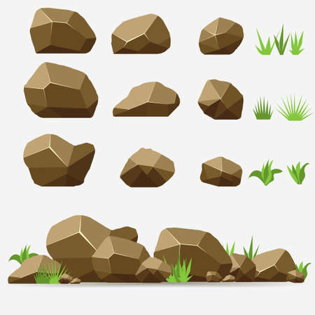Rock stone set with grass. Brown Stones and rocks in isometric 3d flat style. Set of different bouldersのイラスト素材