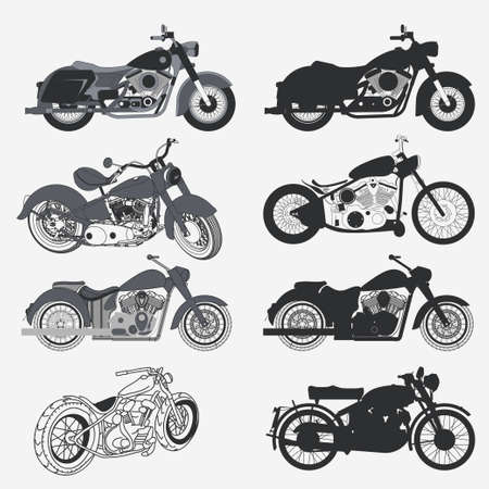 Motorcycle Set different Vintage Graphic Design, chopper motorbike silhouette collection. garage and biker , Custom moto concept vector illustrationのイラスト素材