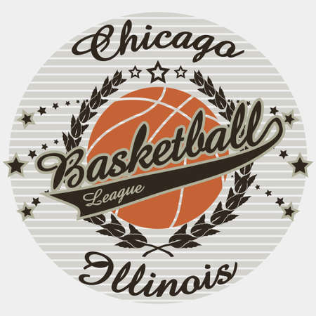 Chicago Basketball Team t-shirt graphics, american College Championship Emblem, Basket Ball with laurel wreath Sport Athletics typography stamp, sport-wear tee print designのイラスト素材