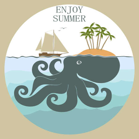 Octopus island, enloy summer - Sea life poster. Nautical marine elements. Vectorのイラスト素材