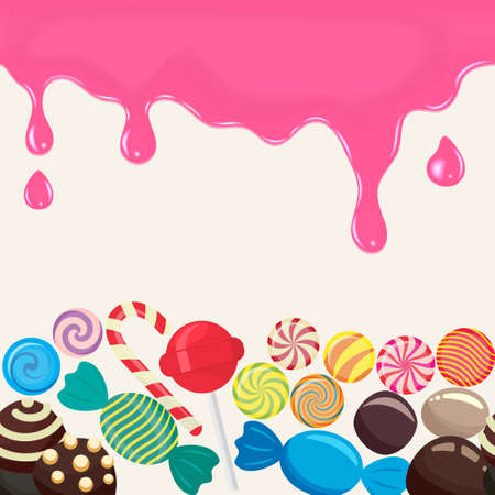 Sweet candy endless in the horizontal illustration for menu design. Culinary wallpaper, caramel lollipop, colored candies collection without wrapper, sugar sweet-stuff vector food designのイラスト素材