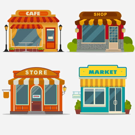 Market, street shop, cafe building facade set, small store front, shopping design detailed illustration. Vectorのイラスト素材